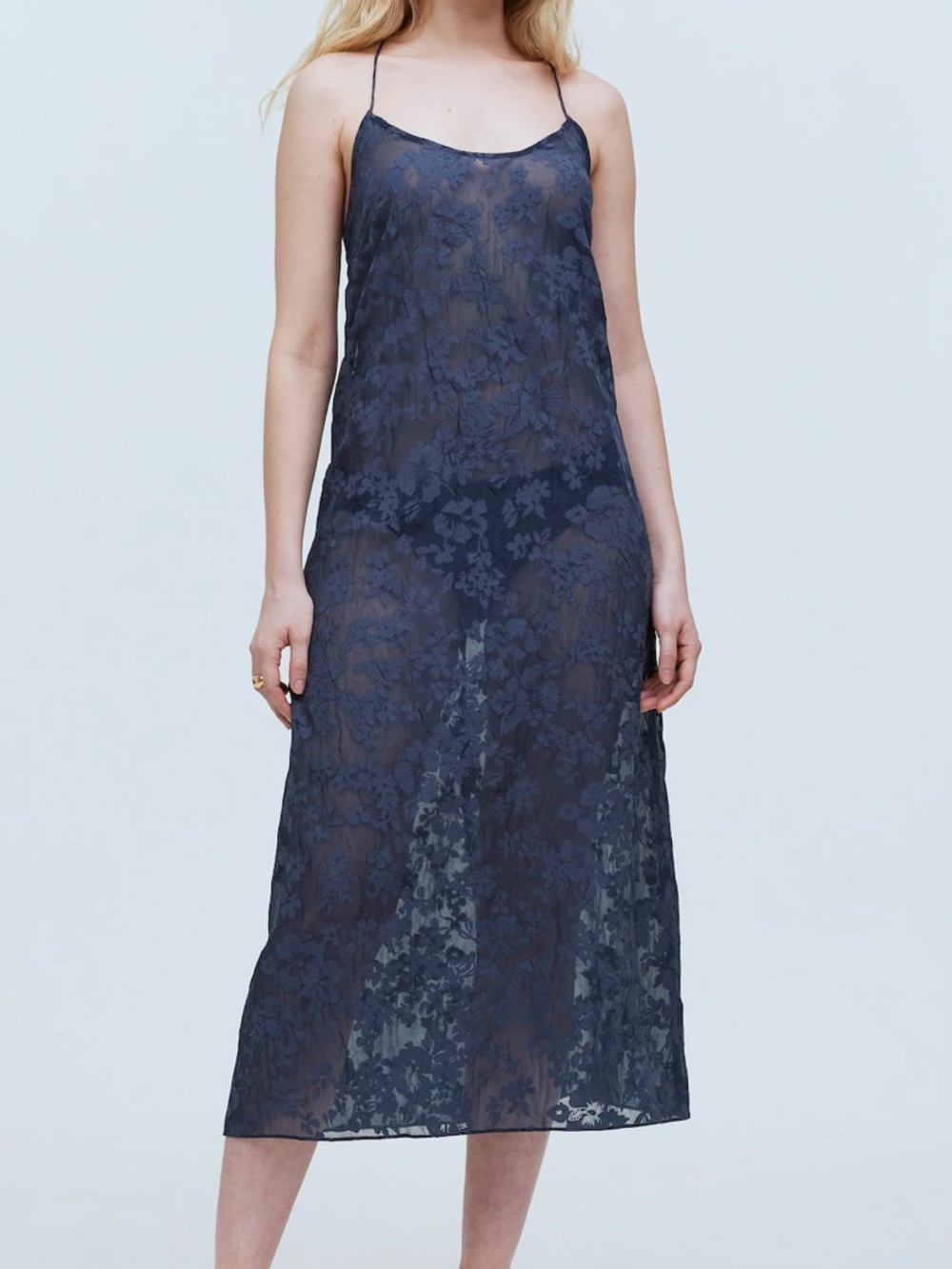 Madewell Floral Halter Cover-Up Sheer Midi Dress in Deep Shadow Blue Large